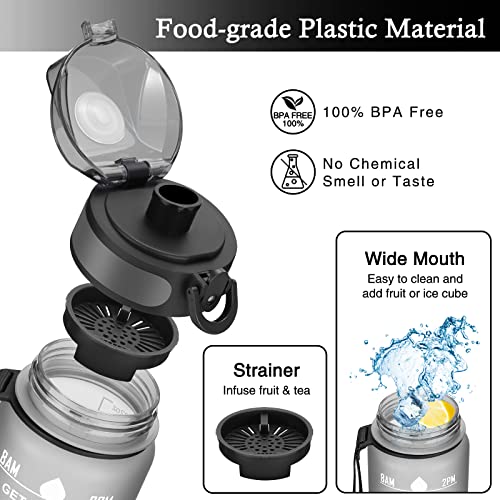 Esgreen 32 oz Motivational Water Bottles With Time Maker, Big 1000ml BPA-free Plastic Water Jugs For Men Women, No Straw Leak-proof Sturdy Drinking Bottles With Strap For Sports Workout Gym Travel