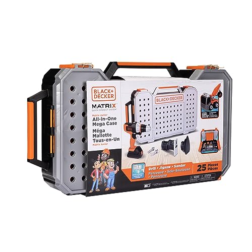 Black+Decker Kids Tools All-in-One Mega Case with Matrix Drill, Jigsaw and Sander 25 Pieces Play Tools for Kids