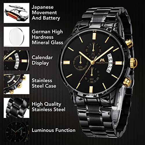 MEGALITH Mens Watches 45mm Chronograph Quartz Men's Wrist Watches Stainless Steel Black Waterproof Business Dress Watches for Men Luminous Date, Gifts for Men