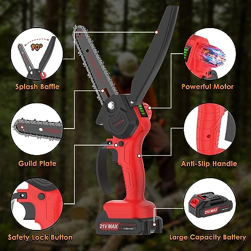 Mini Chainsaw Cordless, 6-Inch Electric Chainsaw, 21V Battery Powered Pruning Chainsaw, Handheld Small Chainsaw for Trees Trimming Wood Cutting (2 Batteries and 2 Chains)
