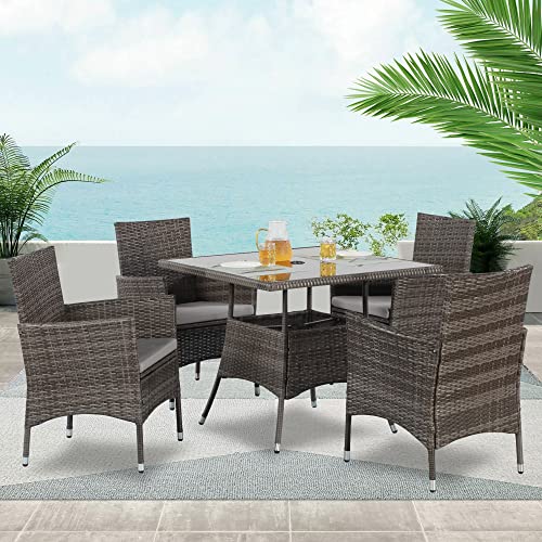 Wisteria Lane Outdoor Furniture 5-Piece Wicker Patio Dining Table and Chair Set,Square Tempered Glass Table Top with Umbrella Hole for Backyard,Grey