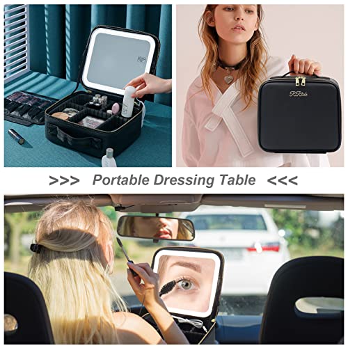 RRtide Travel Makeup Bag with Mirror of LED Lighted, Makeup Train Case with Adjustable Dividers, Makeup Case with Mirror and Detachable 10x Magnifying Mirror