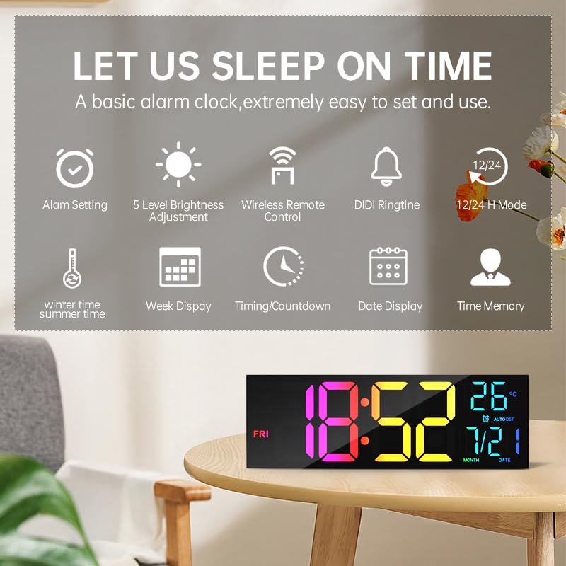 YISILE Digital Wall Clock Large Display, 16.2" Large Digital Wall Clock with RGB Color Changing Remote Control, Automatic Brightness Dimmer Big Clock with Night Lights, Auto DST, Date Week,Temperature