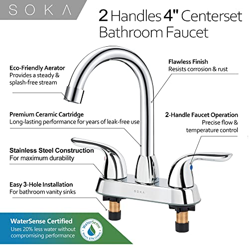 SOKA Two Handles Centerset Bathroom Faucet For Sink High Arc Stainless Steel With Deck Plate & Pop-Up Drain Assembly Fit 3 Hole Installation, Chrome (SK18001C)