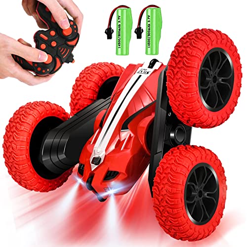 IVGUI Kids Remote Control Car for Boys, Indoor & Outdoor RC Cars Toys, Double-Sided Flip & 360° Rotating RC Car, 4WD 2.4Ghz RC Stunt Car with Headlights, 2 Rechargeable Batteries, Red