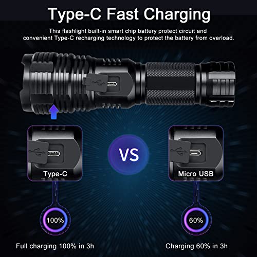 BengMxj Rechargeable LED Flashlights, 90000 High Lumens Flashlight, XHP70 Tactical Flashlight with Zoomable, 5 Modes, Super Bright Waterproof Flashlights for Emergencies, Camping, Hiking
