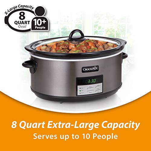 Crock-Pot Large 8 Quart Programmable Slow Cooker with Auto Warm Setting and Cookbook, Black Stainless Steel