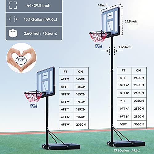 WIN.MAX Portable Basketball Hoop Goal System 4.8-10ft Adjustable 44in Backboard for Kids/Adults Indoor Outdoor