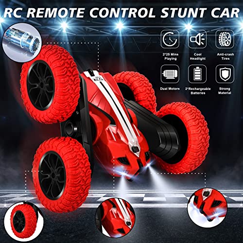 IVGUI Kids Remote Control Car for Boys, Indoor & Outdoor RC Cars Toys, Double-Sided Flip & 360° Rotating RC Car, 4WD 2.4Ghz RC Stunt Car with Headlights, 2 Rechargeable Batteries, Red