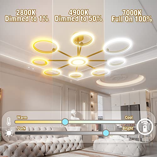 OUQI Ceiling Light Fixture,Modern 8 Lights Fixtures Ceiling Mount, Matte Gold Finish,7000K Dimmable Ceiling Lights with Remote DIY Light Fixture LED Chandelier for Bedroom Living Room Kitchen
