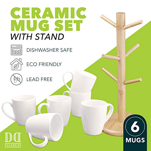 DECORDINE Coffee Mug Set of 6 Ceramic Coffee Cups 16 oz. Elegant White with Stand - Mug Holder Tree - Wood Organizer Rack with 6 Hook Hangers