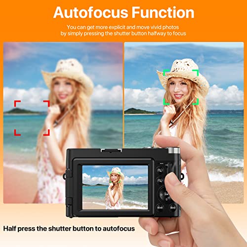 4K Digital Camera for Photography and Video Autofocus 16X Digital Zoom, 48MP Vlogging Camera with 32GB SD Card, 3'' 180° Flip Screen Compact Camera for Travel,2 Batteries Charger Stand
