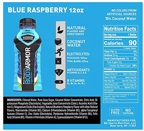 BODYARMOR Sports Drink Sports Beverage, Blue Raspberry, Coconut Water Hydration, Natural Flavors With Vitamins, Potassium-Packed Electrolytes, Perfect For Athletes, 12 Fl Oz (Pack of 8)