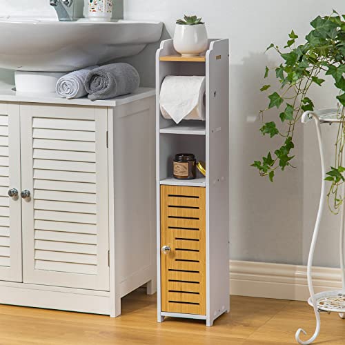 AOJEZOR Toilet Paper Holder Stand, Small Bathroom Storage Cabint (30''H Small Size(fit Small roll), Pure White/Bamboo)