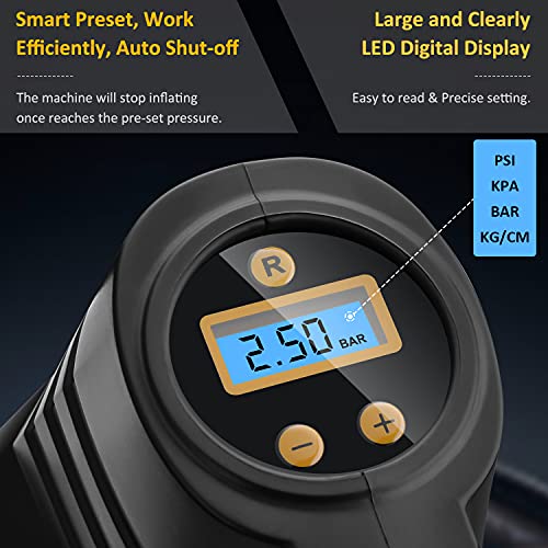 Air Compressor Tire Inflator - 12V DC Portable Air Pump for Car Tires, Auto Tire Pump with Digital Pressure Gauge, 150PSI Air Compressor Pump with LED Emergency Light for Car, Bicycles, Balloons