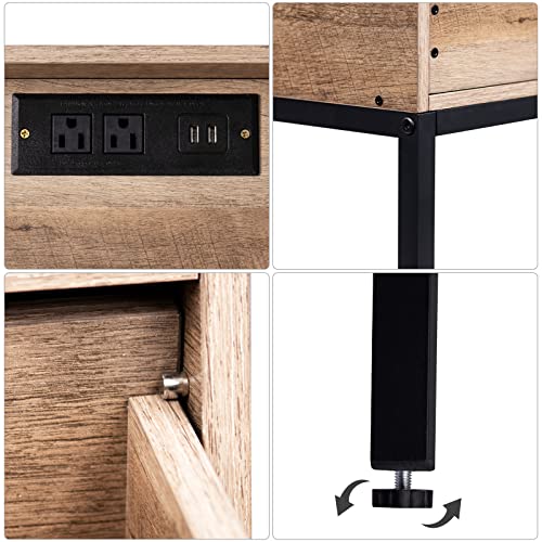 Lerliuo Nightstand with Charging Station and USB Ports, 3-Tier End Side Table with Storage Drawer and Shelf, Modern Bedside Night Stand for Bedroom, Living Room- Greige and Black