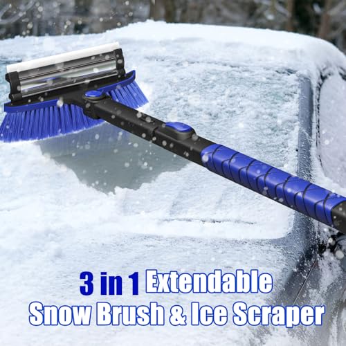 TESSONO 55.7" Ice Scraper, Extendable Snow Brush and Snow Broom with Ergonomic Foam Grip for Car Windshield, 3-in-1 Car Snow Scraper with 270° Pivoting Brush Head for Car Windshield, Trucks, SUVs