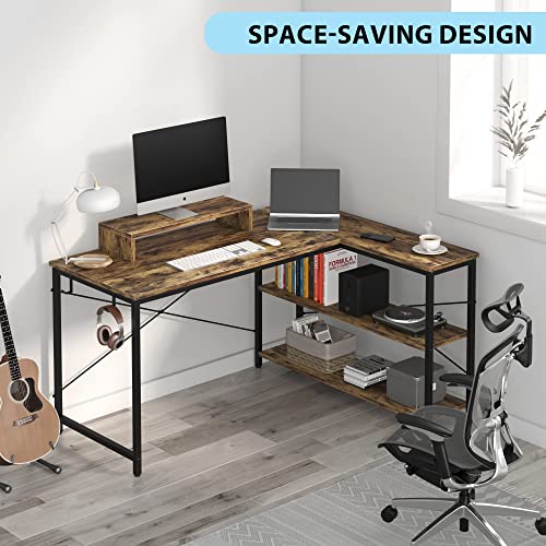 47 INCH L Shaped Computer Desk with Storage, Heavy Duty Home Office Desks with Monitor Stand, Corner Desk for Small Space Bedroom Study Writing Workstation PC Table, Easy to Assemble, Rustic Brown
