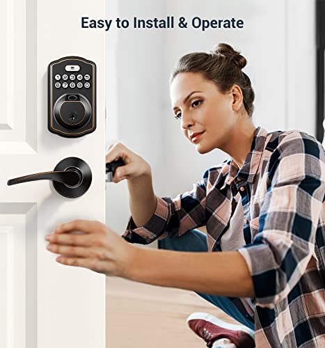 Veise Fingerprint Door Lock with 2 Lever Handles - Keyless Entry Door Lock with Handle, Electronic Keypad Deadbolt Front Door Lock Set, Auto Lock, 1 Touch Locking, Easy Installation, Oil Rubbed Bronze