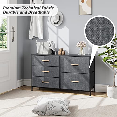 Nicehill Dresser for Bedroom with 5 Drawers, Storage Drawer Organizer, Wide Chest of Drawers for Closet, Clothes, Kids, TV Stand with Storage Drawers, Wood Board, Fabric Drawers(Black Grey)