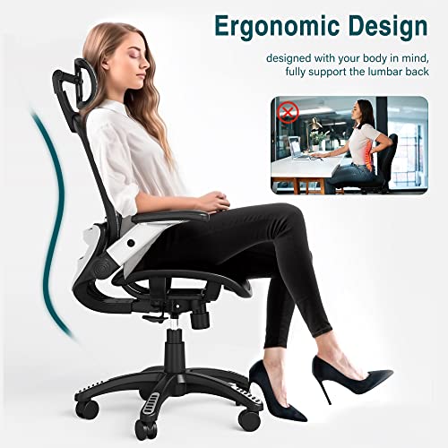 GABRYLLY Ergonomic Mesh Office Chair, High Back Desk Chair - Adjustable Headrest with Flip-Up Arms, Tilt Function, Lumbar Support and PU Wheels, Swivel Computer Task Chair, Grey