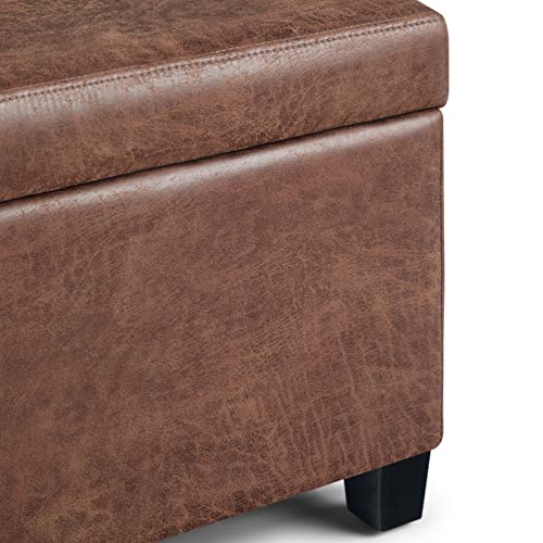 SIMPLIHOME Avalon 48 inch Wide Rectangle Lift Top Storage Ottoman Bench in Upholstered Distressed Umber Brown Faux Leather with Large Storage Space for the Living Room, Entryway, Bedroom