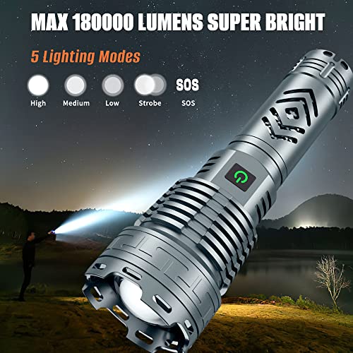 Dsstoc Rechargeable LED Flashlights High Lumens, 180,000 Lumens Super Bright Tactical Powerful Waterproof Flashlights with Battery, 5 Mode, Zoomable, Handheld Flashlights for Emergencies Camping
