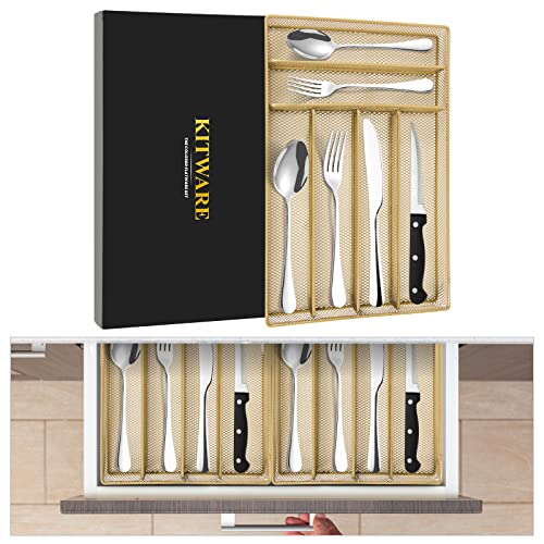48 pieces Silverware with orgainzer, KITWARE Flatware for 8, Stainless Steel Utensil with metal tray, Home & Kitchen Mirror Polish Cutlery, Dishwasher Safe