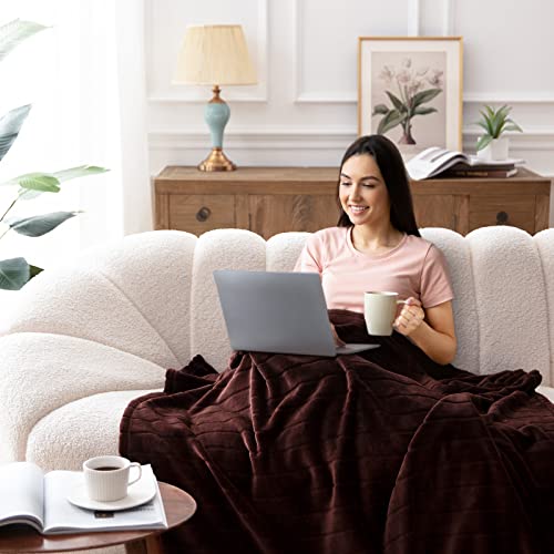 Bertte Plush Throw Blanket Super Soft Fuzzy Warm Blanket | 330 GSM Lightweight Fluffy Cozy Luxury Decorative Stripe Blanket for Bed Couch - 50"x 60", Brown