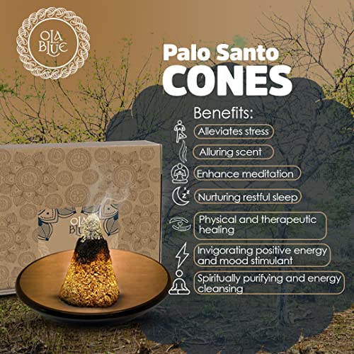 Ola Blue Palo Santo Incense Cones (12 Pack) - Premium Authentic from Peru - Handmade & Hand-Rolled Natural Wood - Cleansing Bad Energy for Cleanse & Relieve Stress (Bursera Graveolens Wood)