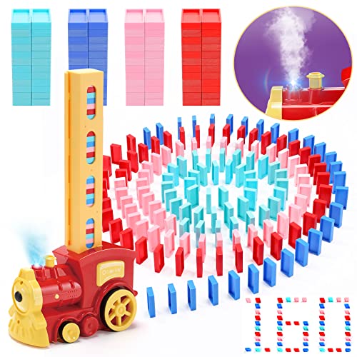 Skirfy Dominoes Train Set- 160PCS Domino Blocks Set Automatically Run with Real Steam Function,Toys with Lights and Sound,Creative Toys for Kids Aged 4-8 with Storage Bag, Gifts for Kids