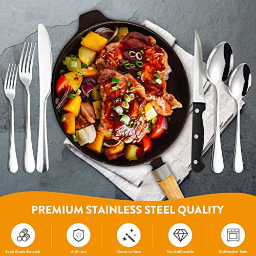 48 pieces Silverware with orgainzer, KITWARE Flatware for 8, Stainless Steel Utensil with metal tray, Home & Kitchen Mirror Polish Cutlery, Dishwasher Safe