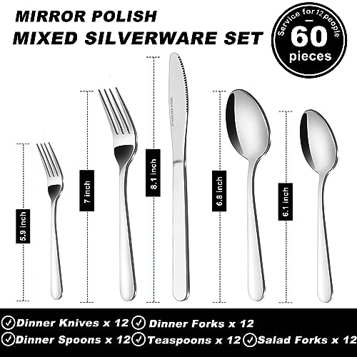 Bestdin Silverware Set for 12, 60-Piece Spoons and Forks Set, Food-Grade Cutlery Set, Stainless Steel Forks and Spoons Silverware Set, Flatware Sets Includes Knife/Fork/Spoon, Dishwasher Safe.