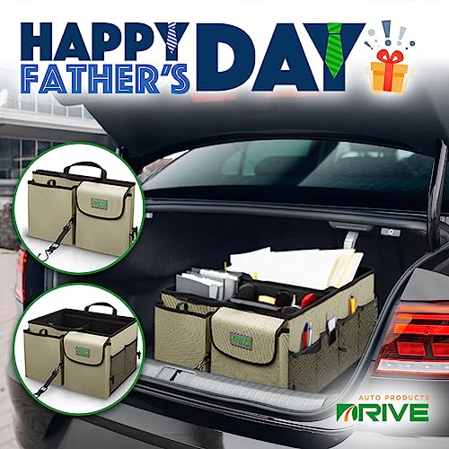 Drive Auto Car Trunk Organizer - Collapsible, Multi-Compartment Automotive SUV Car Organizer for Storage w/Adjustable Straps - Truck & Car Accessories for Women and Men - Tan