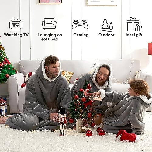Hansleep Wearable Blanket Hoodie for Kids, Hoodie Blanket with Pockets and Sleeves Sweatshirt for Teens as A Gift - Grey Kids