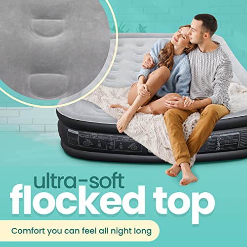 EZ INFLATE Air Mattress with Built in Pump - Queen Size Double-High Inflatable Mattress with Flocked Top - Easy Inflate, Water