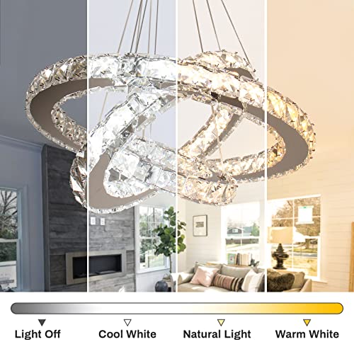 Modern LED Crystal Chandeliers 3 Ring Round Pendant Lighting Fixtures DIY Stainless Steel Ceiling Lamp Hanging Lights for Living Room Dining Room Bedroom Kitchen (Changeable Light)