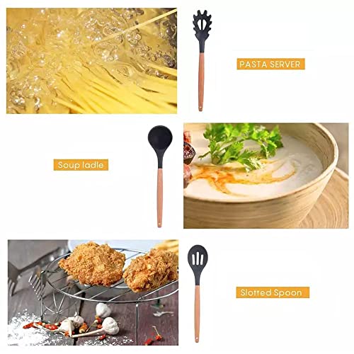 Karangred 12Pcs Silicone Cooking Kitchen Utensils Set with Holder,Wooden Handles Cooking Tool,BPA Free,Non Toxic Turner Tongs Spatula Spoon Kitchen Gadgets Set for Nonstick Cookware (Black)