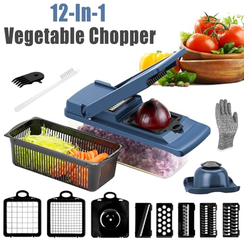 Pro Vegetable Chopper, Onion Chopper Slicer Dicer with Container, Food Chopper Vegetable Slicer, Veggie Chopper Slicer Dicer Cutter, 12-in-1 Mandoline Slicer, Blue