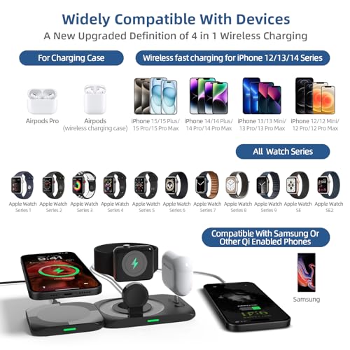 CIVPOWER Wireless Magnetic Charging Station 4 in 1, Mag-Safe Charger Compatible for iPhone 15/14/13/12/11, Fast Charge Pad Compatible for Apple Watch Ultra/8/7/SE2/Airpods 1 2/ Pro1 2(QC 3.0 Adapter)