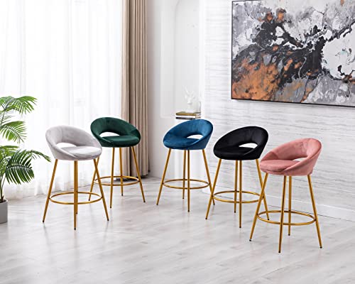 CIMOTA Velvet Grey Bar Stools Set of 2 Modern Barstools 26 Inch Counter Stool Chairs with Open Back/Gold Base Kitchen Stools for Island/Home Bar/Dining Room/Kitchen