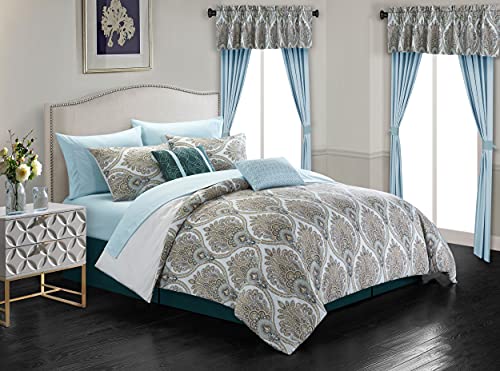 Chic Home Vivaldi 20 Piece Comforter Set Medallion Quilted Embroidered Design Complete Bag Bedding, Queen Green