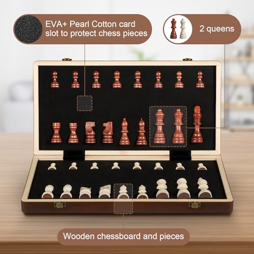 DAWEN LONE 15" Chess Set,Chess Board,Magnetic Wooden Chess Board,Augment 2 Queen,Folding Board Individual Piece Storage Slot and Storage Bag,Suitable for Beginners All Chess Lovers