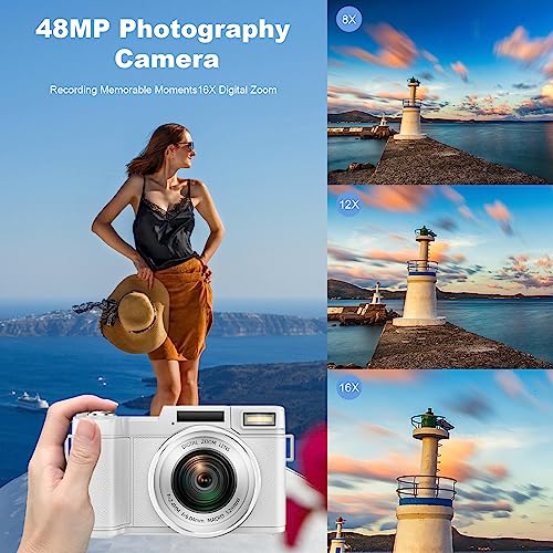4K Digital Camera for Photography, Autofocus 48MP Vlogging Camera for YouTube with 16X Digital Zoom, White Camera, 3’’180°Flip Screen Compact Video Camera with Liftable Flash, SD Card&2 Batteries