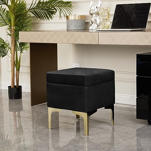 HOUCHICS SquareStorage Ottoman,Soft Footstool with Metal Legs,Black Ottoman Foot Rest for Living Room,Bed Room