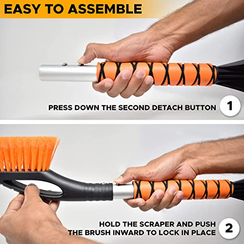 EcoNour 27" Aluminum Snow Brush with Ice Scrapers for Car Windshield and Window (1Pack) | Car Snow Scraper and Brush with Ergonomic Foam Grip Winter Accessories (Orange)