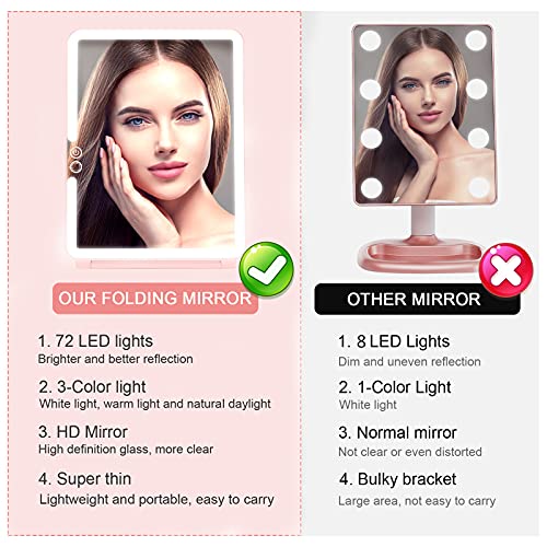 deweisn Folding Travel Mirror Lighted Makeup Mirror with 72 LEDs 3 Colors Light Modes, USB Rechargable, Portable, Ultra Thin, CompactVanity Mirror with Touch Screen Dimming for Cosmetic (Pink)