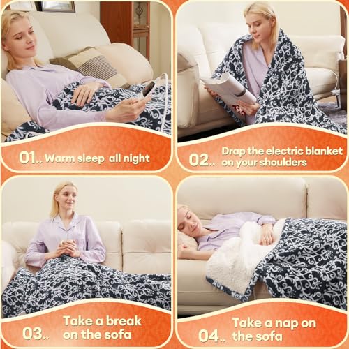 MAXEVE Heated Blanket Electric Sherpa Throw 50 * 62 with 6 Heating Levels & 4 Hours Auto Off for Safety, Fast Heating Warm Cozy Blanket with Over-Heat Protection, ETL Certification (Grey, 50''x62'')