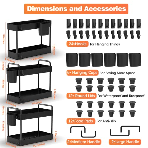 Warmodern 3 Pack Bathroom Organizer Under Sink,2 Tier Bathroom Cabinet Organizer, Bathroom Organizer Under Sink Baskets with 24 Hooks and 6 Hanging Cups, Multifunction Under Cabinet Storage