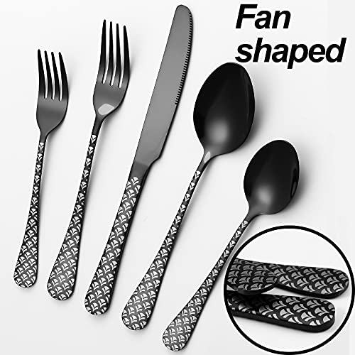 Black Silverware Set, YFBXG 20 Piece Black Sliverware Flatware Cutlery Set,Stainless Steel Black Utensil Set for 4,Knives and Forks and Spoons Sets With Patten Handle (Fan-shaped,Black)